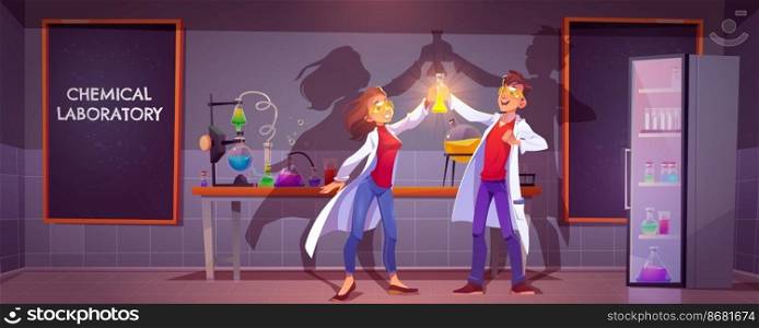 Happy chemists in chemical laboratory holding glass flask with glow liquid doing scientific research in class with science equipment tubes, beakers and blackboard on wall cartoon Vector illustration. Happy chemists in chemical laboratory experiment