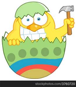 Happy Chick With A Big Toothy Grin, Peeking Out Of An Easter Egg With Hammer