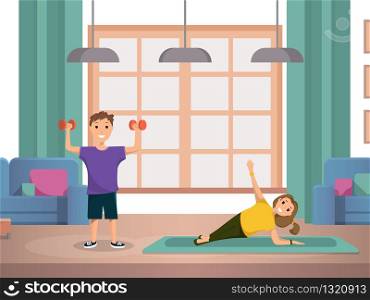 Happy Child Doing Morning Fitness Exercises Home. Smiling Boy Doing Bodybuilding Training with Dumbbell his Hand. Little Girl Position Yoga. Family Training Interior Living Room