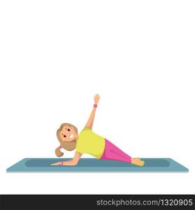 Happy Child Doing Morning Fitness Sport Workout. Little Girl Engaged in Yoga. Smiling Girl are Standing in Yoga Pose. Healthy Lifestyle. Green Exercise Mat. Isolated on White Background