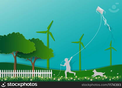 Happy child playing kite in the meadow with dog,concept of love the earth save nature and environment,vector illustration