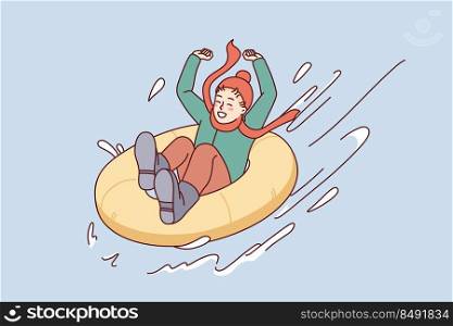 Happy child riding on inflatable ring from winter mountain. Smiling kid have fun enjoy holiday activities outdoors. Vector illustration. . Happy child riding from winter hill 