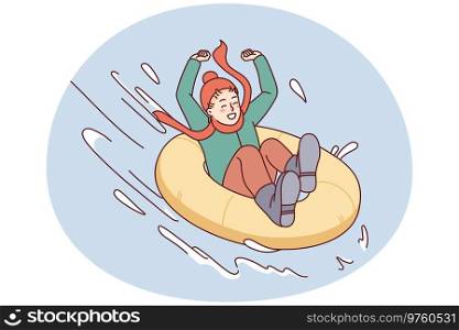 Happy child riding on inflatable ring from winter mountain. Smiling kid have fun enjoy holiday activities outdoors. Vector illustration.. Happy child riding from winter hill
