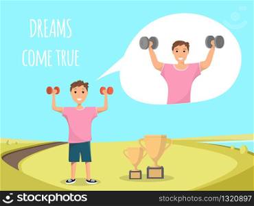 Happy Child Standing Training Bodybuilding Outdoor. Smiling Boy Exercising with Dumbbell in his Hand Dreams Come True. Young Athlete who Dreams Becoming Very Strong. Winner Cup. Against Blue Sky