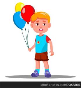 Happy Child With Colorful Balloons In Hands Vector. Illustration. Happy Child With Colorful Balloons In Hands Vector. Isolated Illustration