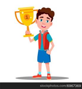 Happy Child With Sport Cup In Hand Vector. Competition. Illustration. Happy Child With Sport Cup In Hand Vector. Competition. Isolated Illustration