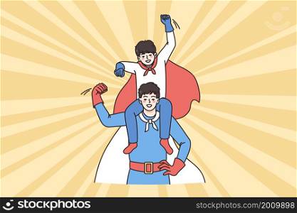 Happy childhood and fatherhood concept. Smiling man father in superhero costume standing and holding his son in red cape on shoulders vector illustration . Happy childhood and fatherhood concept
