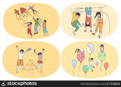 Happy childhood and leisure activities concept. Set of happy kids children flying kites hanging on ropes building sandy castles playing with balloons having fun vector illustration. Happy childhood and leisure activities concept.