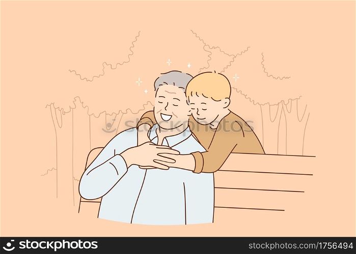 Happy childhood and parenting concept. Smiling senior man sitting on bench and feeling hugs of his grandson hugging him from behind during walk in park in summer vector illustration . Happy childhood and parenting concept