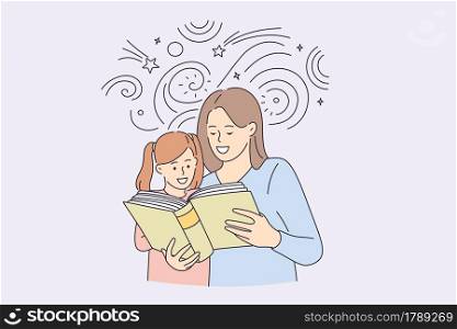 Happy childhood and spending time with children concept. Smiling happy mother and her daughter cartoon characters reading book together vector illustration . Happy childhood and spending time with children concept