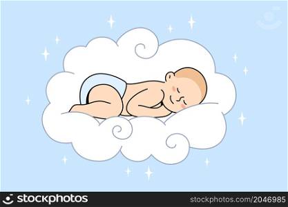Happy childhood and sweet dreams concept. Small baby infant sleeping like angel in sweet white fluffy cloud having sweet dreams vector illustration . Happy childhood and sweet dreams concept