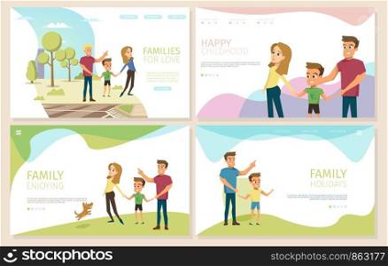 Happy Childhood, Family Holiday, Responsible Parenthood Flat Vector Web Banners Set with Father and Mother Walking with Son Illustration. Parents and Kids Psychological Help Landing Pages Collection