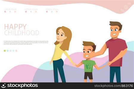 Happy Childhood Flat Vector Horizontal Web Banner with Boy Enjoying Walk with Parents Illustration. Millennial Father and Mother Spending Time with Son. Responsible Parenthood Landing Page Template