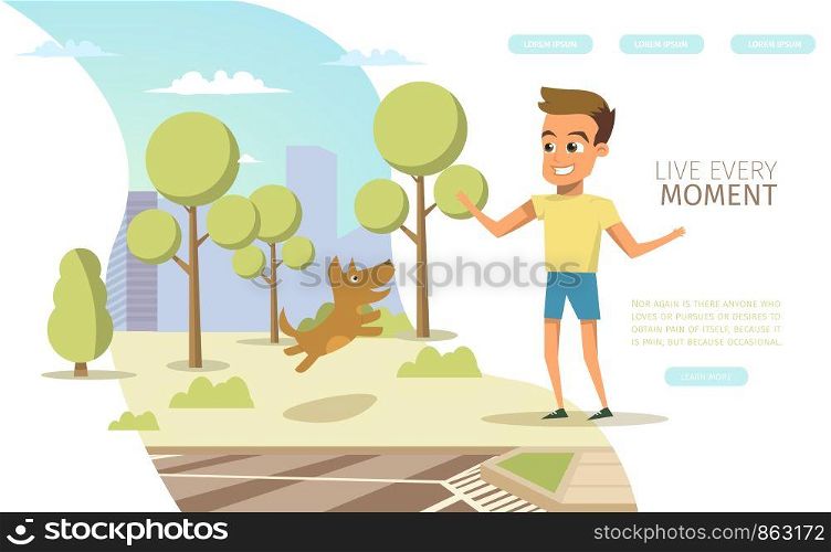 Happy Childhood Flat Vector Horizontal Web Banner with Child Enjoying Walk in Park, Boy Having Fun, Playing with Dog Pet Illustration. Teenagers Psychological Counseling Online Service Landing Page
