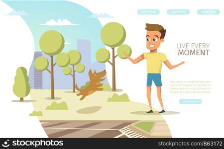 Happy Childhood Flat Vector Horizontal Web Banner with Child Enjoying Walk in Park, Boy Having Fun, Playing with Dog Pet Illustration. Teenagers Psychological Counseling Online Service Landing Page