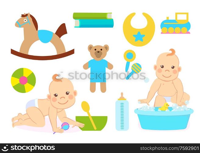 Happy childhood vector, toys and objects to care for children, flat style. Plush bear, bib and train, bowl with spoon, bottle and fluffy horse set. Baby Children and Set of Toys for Happy Childhood