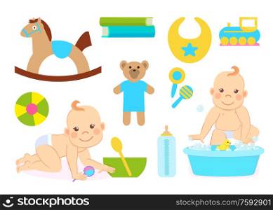 Happy childhood vector, toys and objects to care for children, flat style. Plush bear, bib and train, bowl with spoon, bottle and fluffy horse set. Baby Children and Set of Toys for Happy Childhood