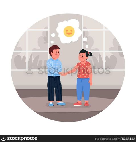 Happy children 2D vector isolated illustration. Resolving conflict. Smiling brother and sister. Sibling playing together flat characters on cartoon background. Family bonding colourful scene. Happy children 2D vector isolated illustration