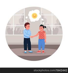 Happy children 2D vector isolated illustration. Resolving conflict. Smiling brother and sister. Sibling playing together flat characters on cartoon background. Family bonding colourful scene. Happy children 2D vector isolated illustration