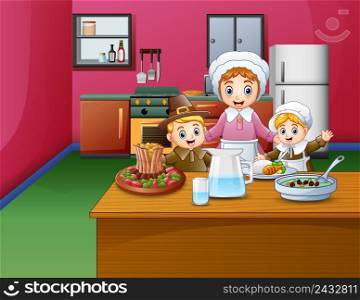 Happy children and mom cooking food in the kitchen