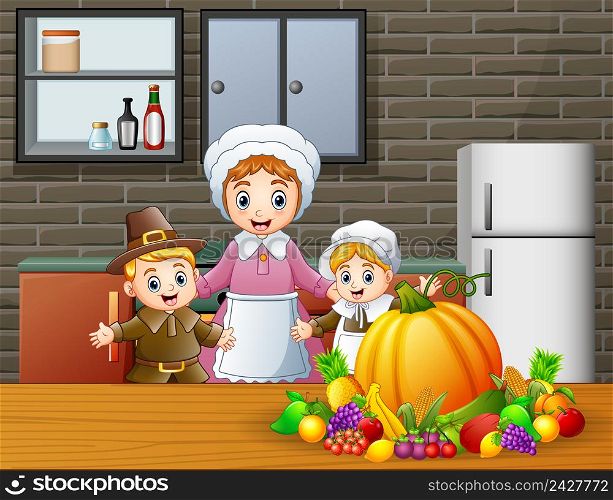 Happy children and mom in the kitchen