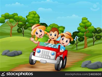 Happy children and monkey riding a red car on the road to forest