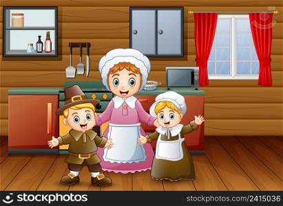 Happy children and mother in the kitchen 