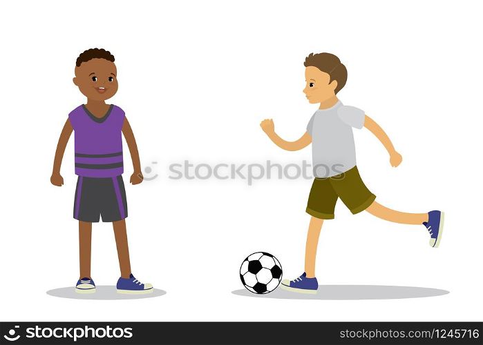 Happy children boys play soccer ball,kids characters isolated on white background,flat vector illustration