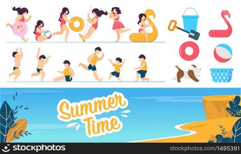 Happy Children Characters and Summer Rest Set. Cartoon Girl Boy Wearing Swimming Suit in Different Poses. Kids Run, Jump, Play, Swing. Beach Game Accessories. Seacoast. Vector Lettering Illustration. Happy Children Characters and Summer Rest Set
