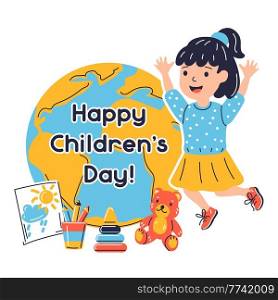 Happy children day greeting card. Illustration of jumping smiling girl. Child in cartoon style. Happy childhood.. Happy children day greeting card. Illustration of jumping smiling girl. Child in cartoon style.