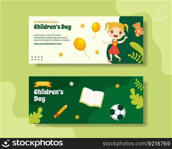 Happy Children Day Horizontal Banner Cartoon Hand Drawn Templates Background Illustration