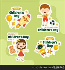 Happy Children Day Label Flat Cartoon Hand Drawn Templates Background Illustration