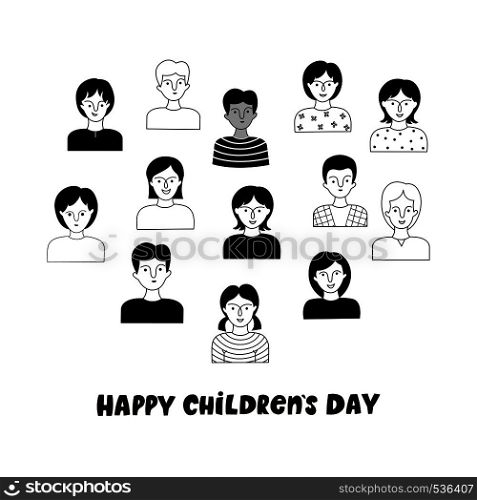 Happy Children day poster with boys and girls. Vector hand drawn illustration. Doodle style.