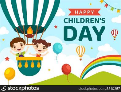 Happy Children Day Vector Illustration with Boy and Girl Kids in Toys on Background Flat Cartoon Hand Drawn for Web Banner or Landing Page Templates