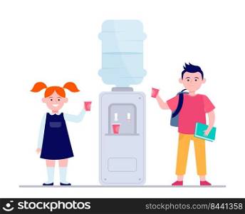 Happy children drinking water at cooler. Students, boy and girl, school hallway flat vector illustration. Beverage, refreshment, watercooler concept for banner, website design or landing web page