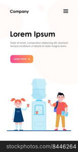 Happy children drinking water at cooler. Students, boy and girl, school hallway flat vector illustration. Beverage, refreshment, watercooler concept for banner, website design or landing web page