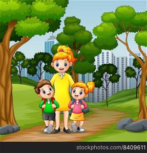 Happy children going to school with mom 