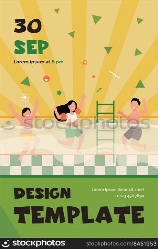 Happy children having fun in swimming pool. Boys and girls in swimwear enjoying activities in family fitness club. Flat vector illustration for swimming class for kids concept