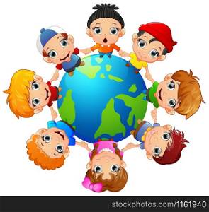 Happy children holding hand on around the earth.Vector illustration