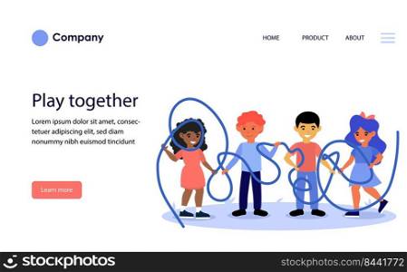 Happy children holding tangled rope together. Kids, friends, diverse group flat vector illustration. Friendship, connection concept for banner, website design or landing web page