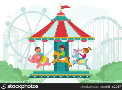 Happy children in amusement park. Cute happy kids on round carousel. Different attraction animals. Roundabout elephant. Funny deer and horse. Boys or girls ride merry-go-round. Splendid vector concept. Happy children in amusement park. Happy kids on round carousel. Different animals. Roundabout elephant. Funny deer and horse. Boys or girls ride merry-go-round. Splendid vector concept