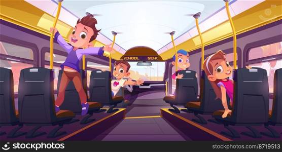 Happy children in school bus inside. Passenger cabin interior of transport with kids travel to school or excursion. Yellow bus with pupils on seats and driver, vector cartoon illustration. Happy children in school bus inside