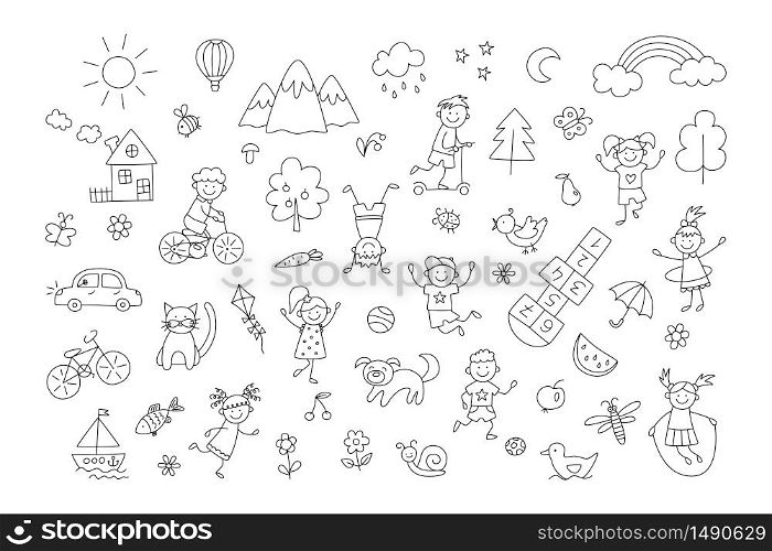 Happy children in summer park. Funny small kids play, run and jump. Set of elements in childish doodle style. Hand drawn vector illustration. Happy children in summer park. Funny small kids play, run and jump