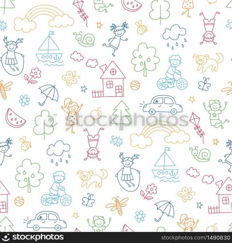 Happy children in summer park. Funny small kids play, run and jump. Color seamless pattern in childish doodle style. Hand drawn vector illustration on white background. Happy children in summer park. Funny small kids play, run and jump. Seamless pattern