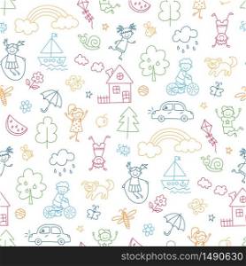 Happy children in summer park. Funny small kids play, run and jump. Color seamless pattern in childish doodle style. Hand drawn vector illustration on white background. Happy children in summer park. Funny small kids play, run and jump. Seamless pattern