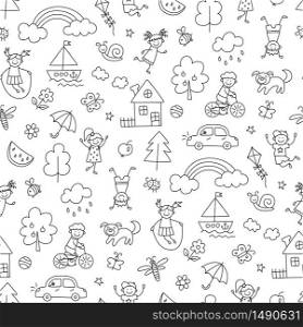 Happy children in summer park. Funny small kids play, run and jump. Seamless pattern in childish doodle style. Hand drawn vector illustration. Happy children in summer park. Funny small kids play, run and jump. Seamless pattern