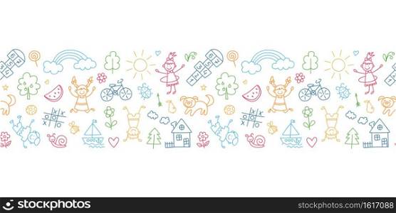 Happy children in summer park. Funny small kids play, run and jump. Color background in kid doodle style. Hand drawn vector illustration. Happy children in summer park. Funny small kids play, run and jump. Background in kid doodle style.