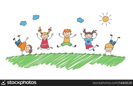 Happy children jump together in summer park. Funny jumping kids. Children drawing painted with markers. Doodle hand drawn vector illustration. Happy children jump together in summer park. Funny jumping kids. Children drawing painted with markers. Doodle hand drawn vector