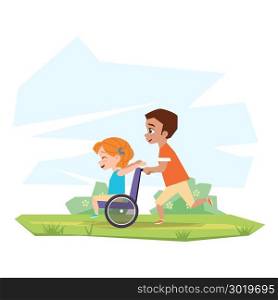 Happy children play in nature. A boy is riding a disabled girl in a wheelchair in the countryside