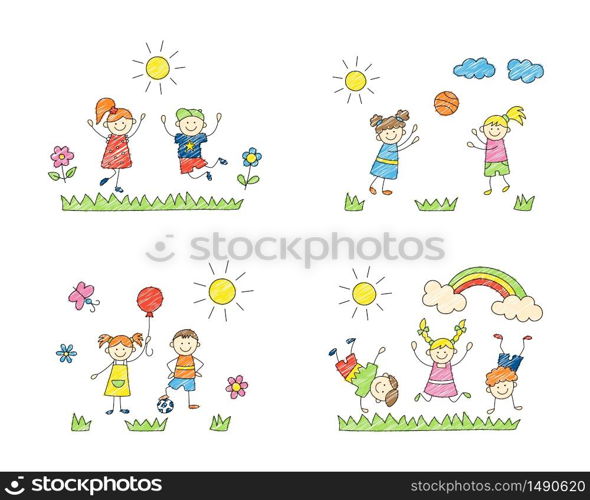 Happy children play on the grass. Cute doodle kids, boys and girls. A set of color isolated scenes. Hand drawn vector illustration on white background. Happy children play on the grass. Cute doodle kids, boys and girls.